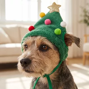 Cute Christmas Tree Dog Hat with Pom Poms